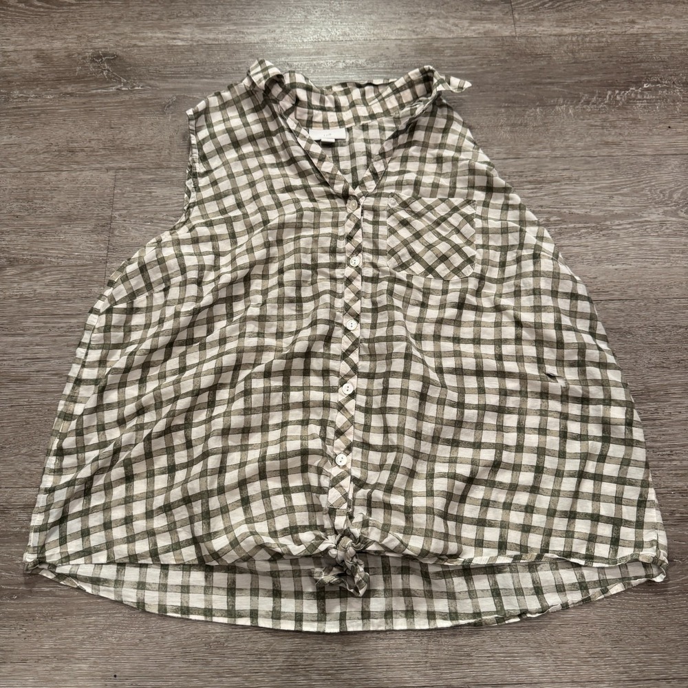 J Jill Top Womens Large Green Plaid Windowpane Silk Blend Blouse Button Up